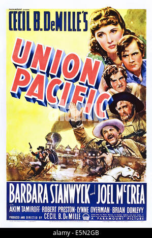 UNION PACIFIC, von oben: Barbara Stanwyck, Joel McCrea, Robert Preston, Lynne Overman, Akim Tamiroff, 1939 Stockfoto