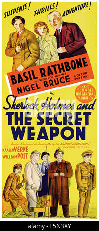 SHERLOCK HOLMES und THE SECRET WEAPON, oben von links: Basil Rathbone, Kaaren Verne, Nigel Bruce auf australischen Daybill, 1943. Stockfoto