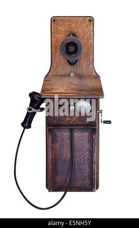 Sehr altes Holz Telefon an Wand Stockfoto
