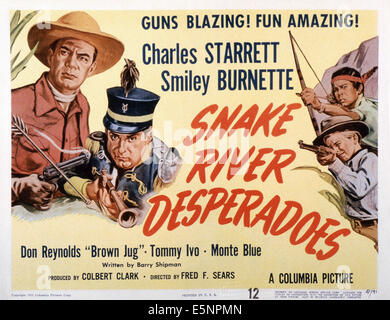 SNAKE RIVER Desperados, US Lobbycard, Links: Charles Starrett, Smiley Burnette; rechts, von oben: Don Reynolds, Tommy Ivo, 1951 Stockfoto