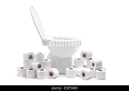 Viele WC-Papier Rollen um eine WC-Schüssel Stockfoto