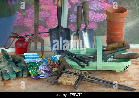 Blick aus einem Fenster im Potting shed Stockfoto