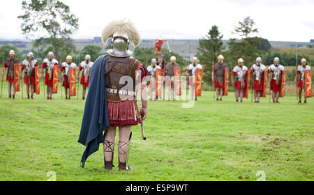 Eine Nachstellung des typischen römischen Waffen und Taktiken auf dem Gelände des Römerkastells Vindolanda in Northumberland, England gegeben. Stockfoto