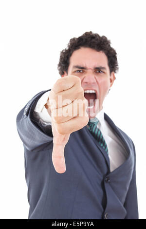 Wütend Geschäftsmann zeigt Daumen nach unten Geste als Ablehnung Symbol, Mann im Anzug mit Daumen nach unten Fehler Schild mit Foc schreien Stockfoto
