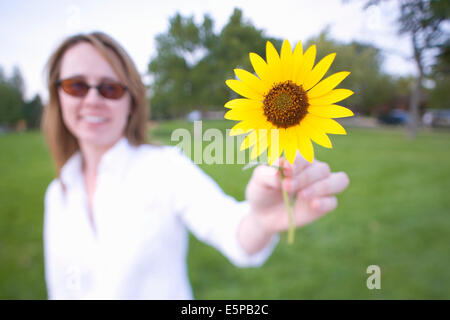 Frau Holding Sonnenblume Stockfoto