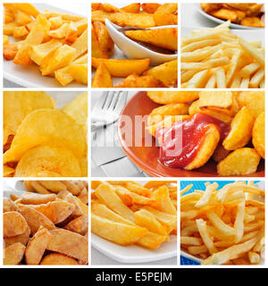 eine Collage aus einige Bilder von verschiedenen Arten von Bratkartoffeln, wie Pommes frites, Kartoffelchips, Pommes frites oder Patatas brava Stockfoto