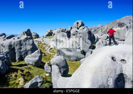 Frau stehend auf den Kalksteinfelsen der Castle Hill, Canterbury, Südinsel, Neuseeland, Pazifik Stockfoto