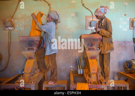 Frauen arbeiten in einer Berbere Paprika Gewürz Fabrik in der Medebar Markt, Asmara, Hauptstadt von Eritrea, Afrika Stockfoto