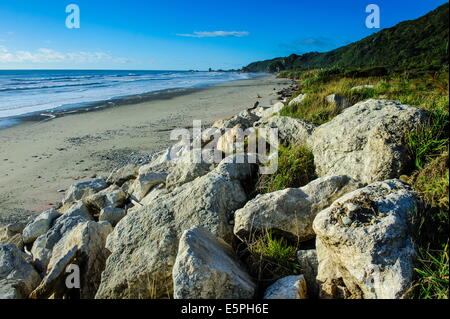 Felsen an einem Sandstrand an der Westküste der Südinsel zwischen Greymouth und Westport, West Coast, Südinsel, Neuseeland Stockfoto
