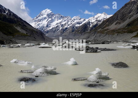 Hooker See und Gletscher mit Eisbergen, Mount Cook Nationalpark, der UNESCO, Region Canterbury, Südinsel, Neuseeland Stockfoto