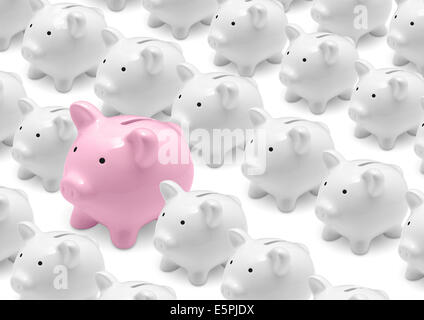 Gruppe von weißen Sparschweine und große rosa Sparschwein Stockfoto