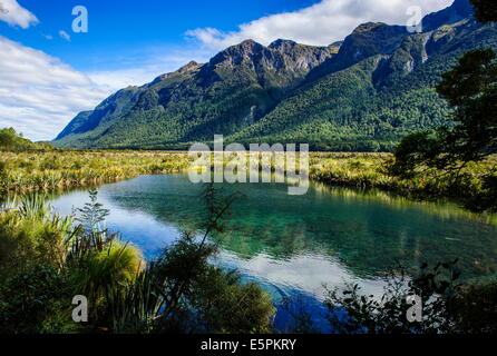 Berge, die Reflexion im Spiegel Seen, Eglinton Valley, Fiordland-Nationalpark, der UNESCO, Südinsel, Neuseeland Stockfoto