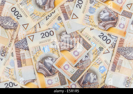 Hintergrund von 200 PLN - Polnischer Złoty-Banknoten Stockfoto