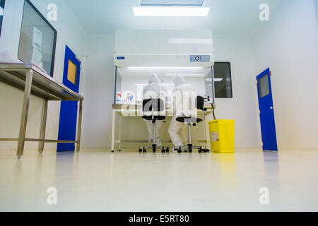 Vorbereitung der Haut Spende in einem Reinraum vor Erhalt, Zelle und Gewebe Einheit der CTSA in Clamart, Frankreich. Stockfoto