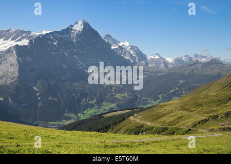 Steigt, Eiger und Jungfrau von First, Grindelwald, Berner Alpen, Schweiz. Stockfoto