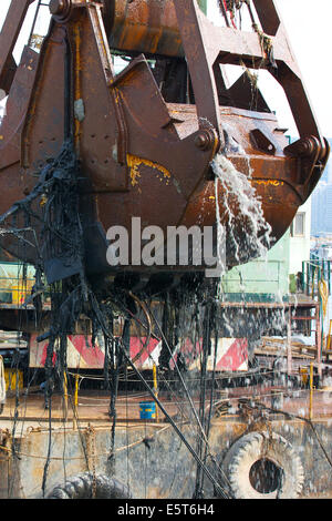 Schaufelnde Schleim. Greifer Aus dem Causeway Bay Typhoon Shelter, Hong Kong gehisst wird. Stockfoto