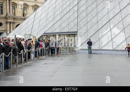 Besucher und Touristen stehen an der Glaspyramide, Eintritt zum Louvre Museum Paris, Frankreich Stockfoto