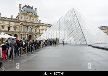 Besucher und Touristen stehen an der Glaspyramide, Eintritt zum Louvre Museum Paris, Frankreich Stockfoto