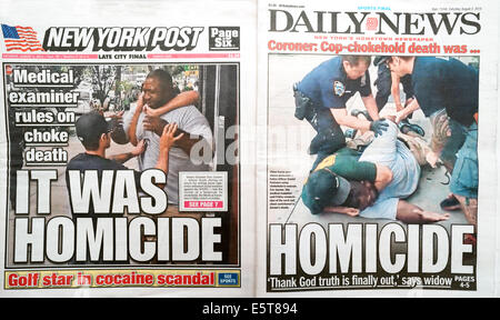 Titelseiten der New York Daily News und die Post verwenden ähnliche Terminologie, um nach dem Tod von Eric Garner melden Stockfoto