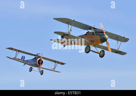 WW1 Flugzeug dogfight Nieuport 23 Scout im Französischen Markierungen und Albatros DV. Ein in deutscher Sprache Markierungen in Duxford Airshow Stockfoto