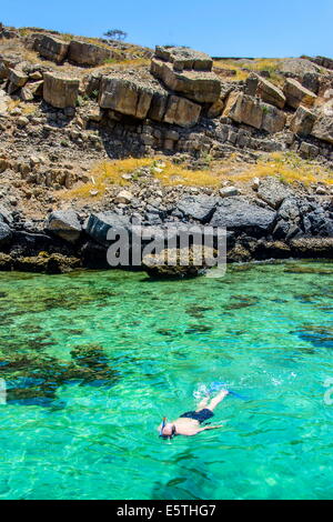 Mann-Schnorcheln im klaren Wasser des Telegraph Island in Khor Ash-Sham Fjord, Musandam, Oman, Naher Osten Stockfoto