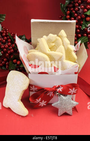 Weihnachts-Geschenk-Box von Keks von Spritzgebäck mit festlichen Schmuck Dekorationen ausgelassen für Santa Stockfoto