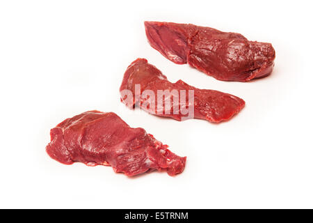 Ungekocht Känguru Fleisch Steaks isoliert auf einem weißen Studio-Hintergrund. Stockfoto