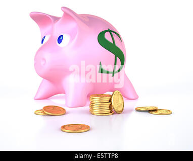 Sparschwein mit einigen Goldmünzen um. Auf weißen halb reflektierenden Oberfläche und weißen Hintergrund. Stockfoto