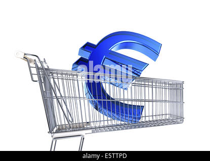 Einkaufswagen mit großen Euro-Zeichen drin. Seitliche Sicht auf weißem Hintergrund. Stockfoto