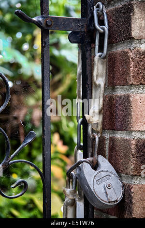 Vorhängeschloss und Kette sichern ein schmiedeeisernes Tor Stockfoto