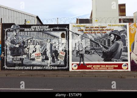 Politische Wandmalerei in Belfast, Nordirland. Falls Road ist bekannt für seine politischen Wandmalereien. Stockfoto