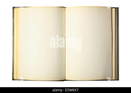 Buch mit leeren Seiten isoliert auf weißem Hintergrund geöffnet Stockfoto