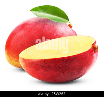 Frische Mango mit verlässt isolierten auf weißen Hintergrund Stockfoto