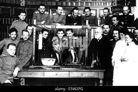 IVAN PAVLOV (1849-1936) Russische Psychologe (rechts mit Bart) mit einen seiner Hunde und einige seiner Mitarbeiter über 1925 Stockfoto