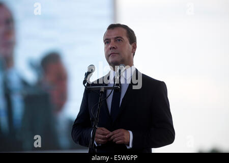 Moskau, Russland. 6. August 2014. Der russische Premierminister Dmitry Medvedev bei der Eröffnungsfeier der Kanu Sprint Welt Meisterschaften Kredit: Nikolay Vinokurov/Alamy Live News Stockfoto