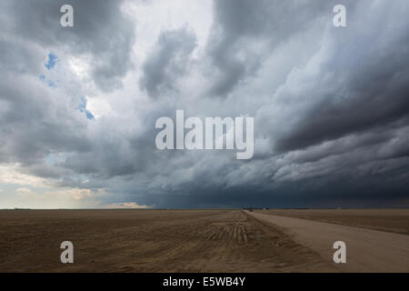 Ein Tornado warnte Superzelle Gewitter über die Prärie Colorados Rollen produzieren verschiedene Unwetter Stockfoto