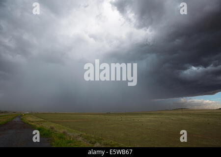 Ein klassische Hochebenen Colorado Hagelsturm geht über die Interstate 25 in Las Animas County über der Fahrbahn mit Hagel Stockfoto