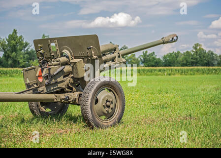 Kanone aus dem zweiten Weltkrieg auf einem Schlachtfeld Stockfoto