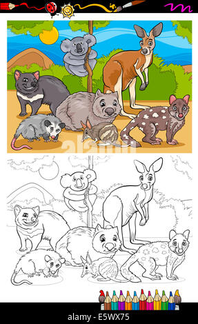 Coloring Book oder Seite Cartoon Illustration der schwarz / weiß Funny Beuteltiere Säugetiere Tiere Zeichen Gruppe für Kinder Stockfoto