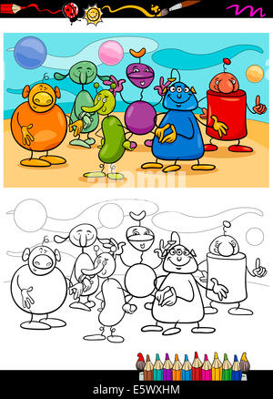 Coloring Book oder Seite Cartoon Illustration von Schwarz und weiß-lustige Fantasy-Charaktere oder Aliens-Gruppe für Kinder Stockfoto