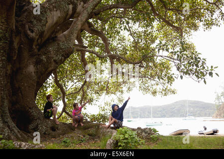 Drei Jungs sitzen unter Baum Stockfoto