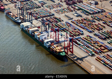 Luftaufnahme von Containerschiffen am Burchardkai-Terminal, der Hamburger Hafen Stockfoto