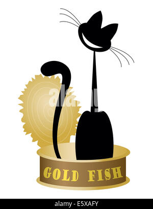 Katze auf Gold der Dosen Thunfisch auf weißem Hintergrund Stockfoto