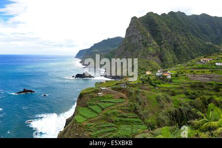 Madeira Portugal. Kleine Ernte-Feldern thront auf einer Klippe entlang der zerklüfteten Küste Stockfoto
