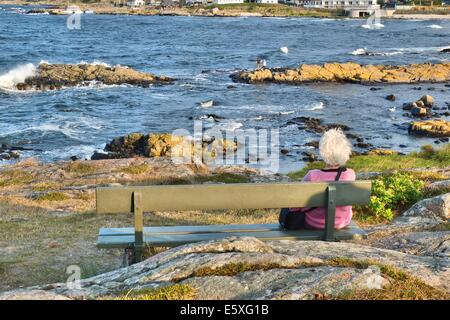 Dänemark, Insel Bornholm Fotos vom 1. bis zum 5. August 2014.  Im Bild: Felsige Küste der Stadt Allinge an der Ostsee. Ältere Frau auf der Bank sitzt und blickt auf das Meer Stockfoto