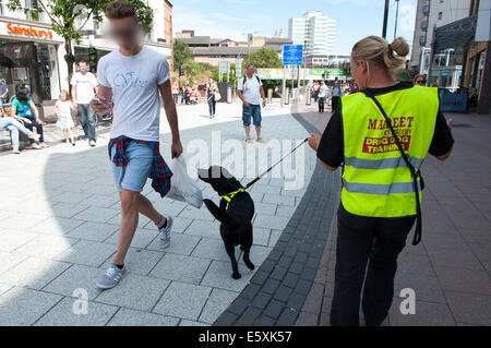 Cardiff, UK. 7. August, erkennt 2014.Drug Hund Fletcher von Carol-Ann Cotterill von Co.Durham, behandelt ein "teilnehmenden Fluggesellschaft". Malpeet K9 Academy von Bridgend, Wales - einer von Großbritanniens führenden Spezialisten bei der Verwendung von operativen Hundeteams zur Detektion von Sprengstoffen und Drogen - trainieren Hunde in Queen Street live Drogen durchgeführten Malpeet K9 Academy-Teilnehmer zu erkennen. Wenn ein Hund richtig Drogen erkennt wird es sofort mit einem Spiel mit einem Tennisball an einer Schnur belohnt. Viele Auszubildende Hundeführer sind militärische Personal Umsiedlung in das zivile Leben Credit: Graham M. Lawrence/Alamy Li Stockfoto