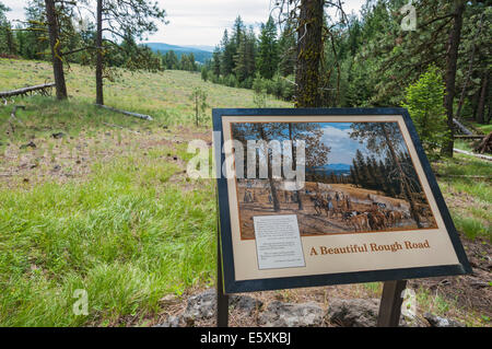 Blue Mountain Crossing, Oregon Trail Interpretive Park, in der Nähe von La Grande, Oregon, interpretierende Zeichen Stockfoto