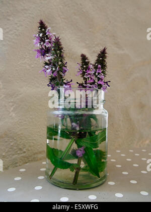 Wildblumen in einer Marmelade Glas Vase auf einer gefleckten Tischdecke mit einem einfachen rustikalen Wand hinter. Stockfoto