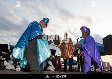 New York, USA. 7. August 2014.  In einem Park neben dem Hudson River Sun Ra Arkestra gespielt ein jazz-Konzert in Battery Park City am 7. August 2014. Dies hätte zum 100. Geburtstag von Sun Ra, der Arketra Gründer. Bildnachweis: Terese Loeb Kreuzer/Alamy Live-Nachrichten Stockfoto