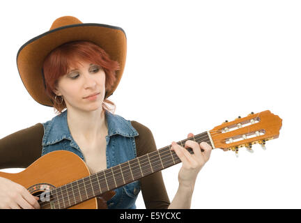 Nahaufnahme einer Frau spielen Gitarre, weißer Hintergrund Stockfoto